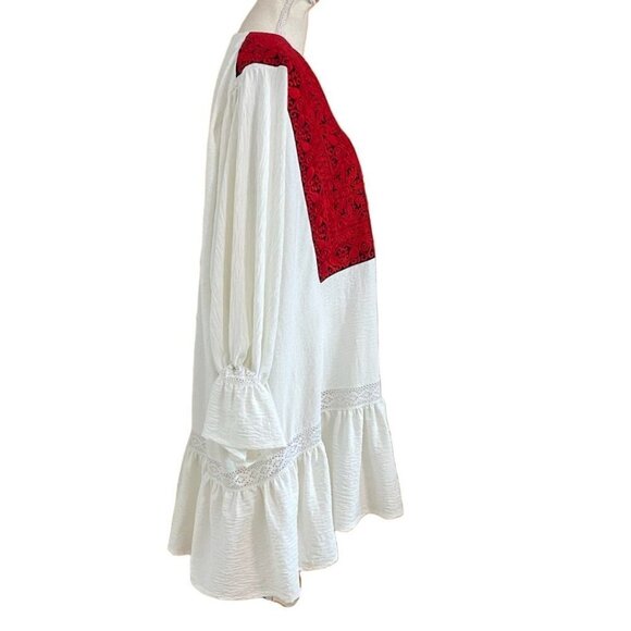 ORO WHITE GAUZY RED EMBROIDERY BIB MIDI KAFTAN DRESS - OS - Picture 2 of 8
